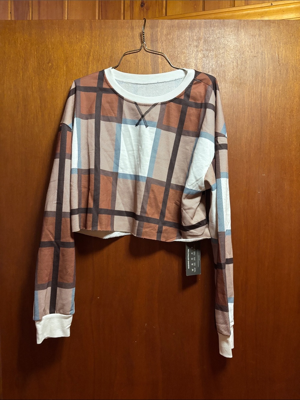 Cropped Plaid Long-Sleeve Top - Brown/White